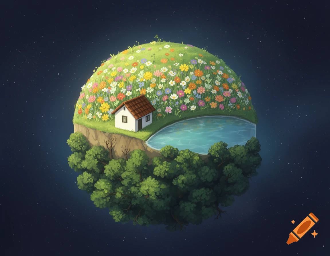 An illustrated tiny world floating in space, featuring a white house with a brown roof, colorful flowers, a lake, and lush green trees.