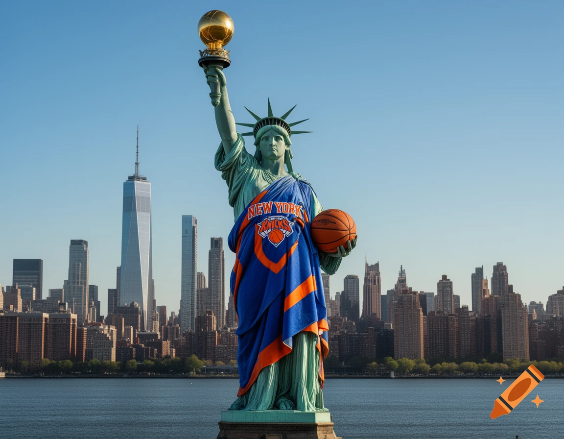 Statue of Liberty wearing a blue and orange New York Knicks jersey, holding a basketball and a golden trophy, with the NYC skyline in the background.