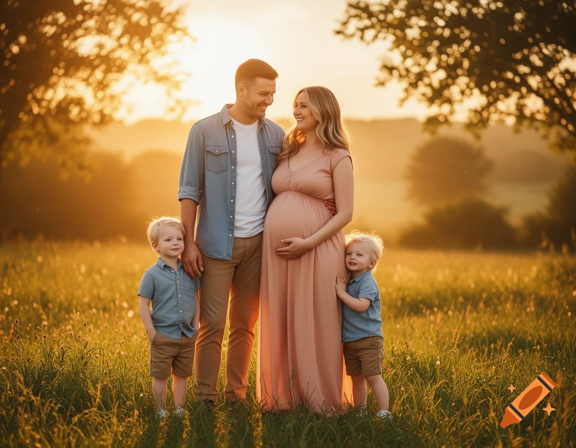 Happy family, with a pregnant mother and two young sons, stands smiling in a golden sunlit field at sunset.