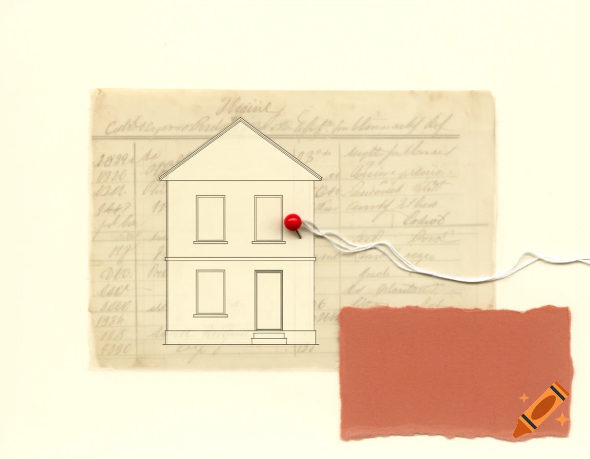 A flat 2D collage featuring a simple outlined house pinned to an antique handwritten document, with a terracotta paper piece.