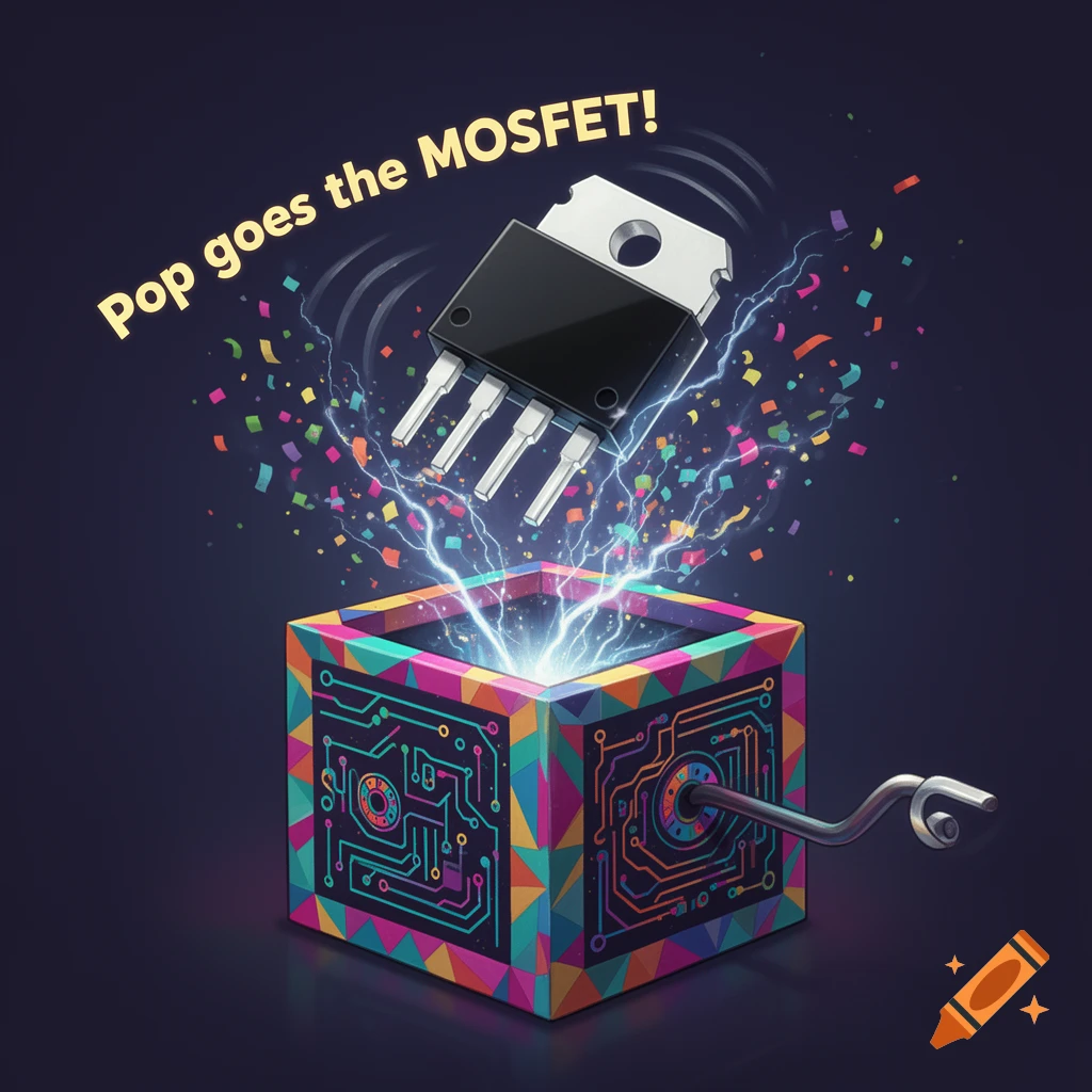 A vibrant illustration of a MOSFET popping out of a colorful jack-in-the-box with confetti and lightning, text says "Pop goes the MOSFET!".