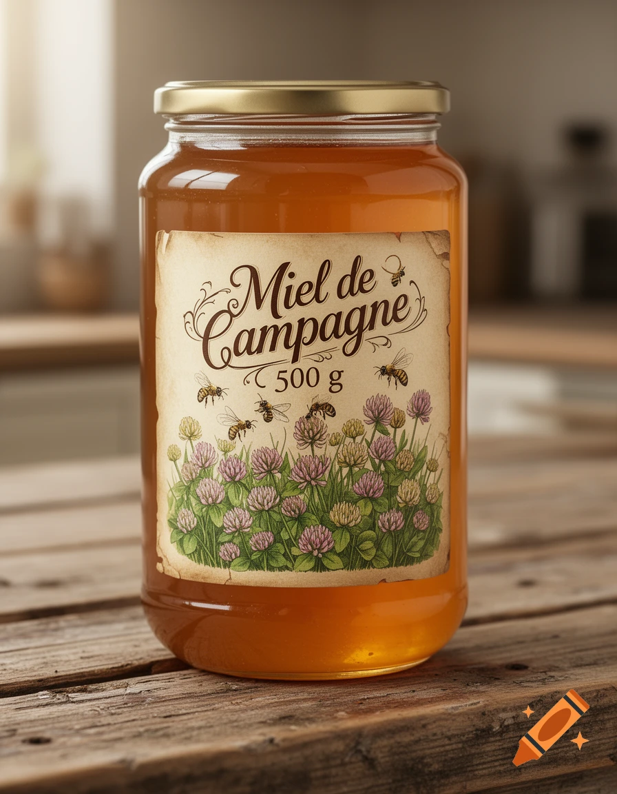 A jar of honey with a rustic 'Miel de Campagne' label, bees, and clover flowers on a wooden table.