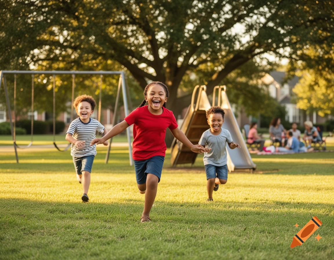Three happy children run and laugh on a grassy lawn in a park with a playground and trees in the background, bathed in warm sunlight.