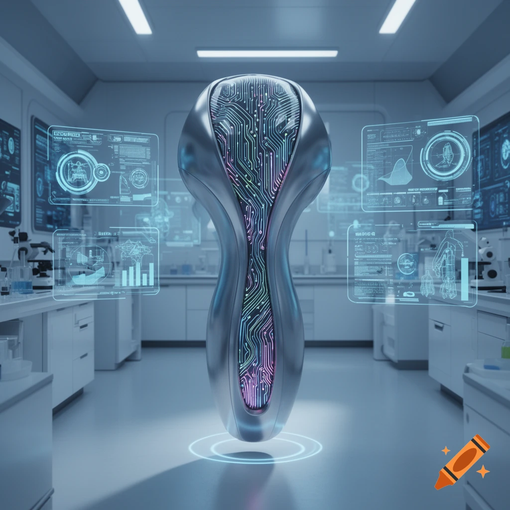 A sleek, metallic, futuristic device with glowing circuit patterns stands in a high-tech laboratory with holographic displays showing data.