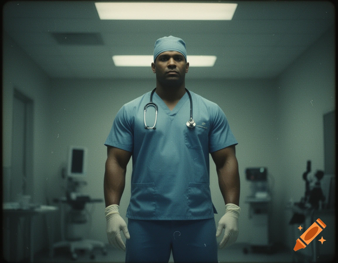 A muscular male doctor in blue scrubs, a cap, stethoscope, and gloves stands in a dim, eerie liminal clinic, in a VHS-style photo.