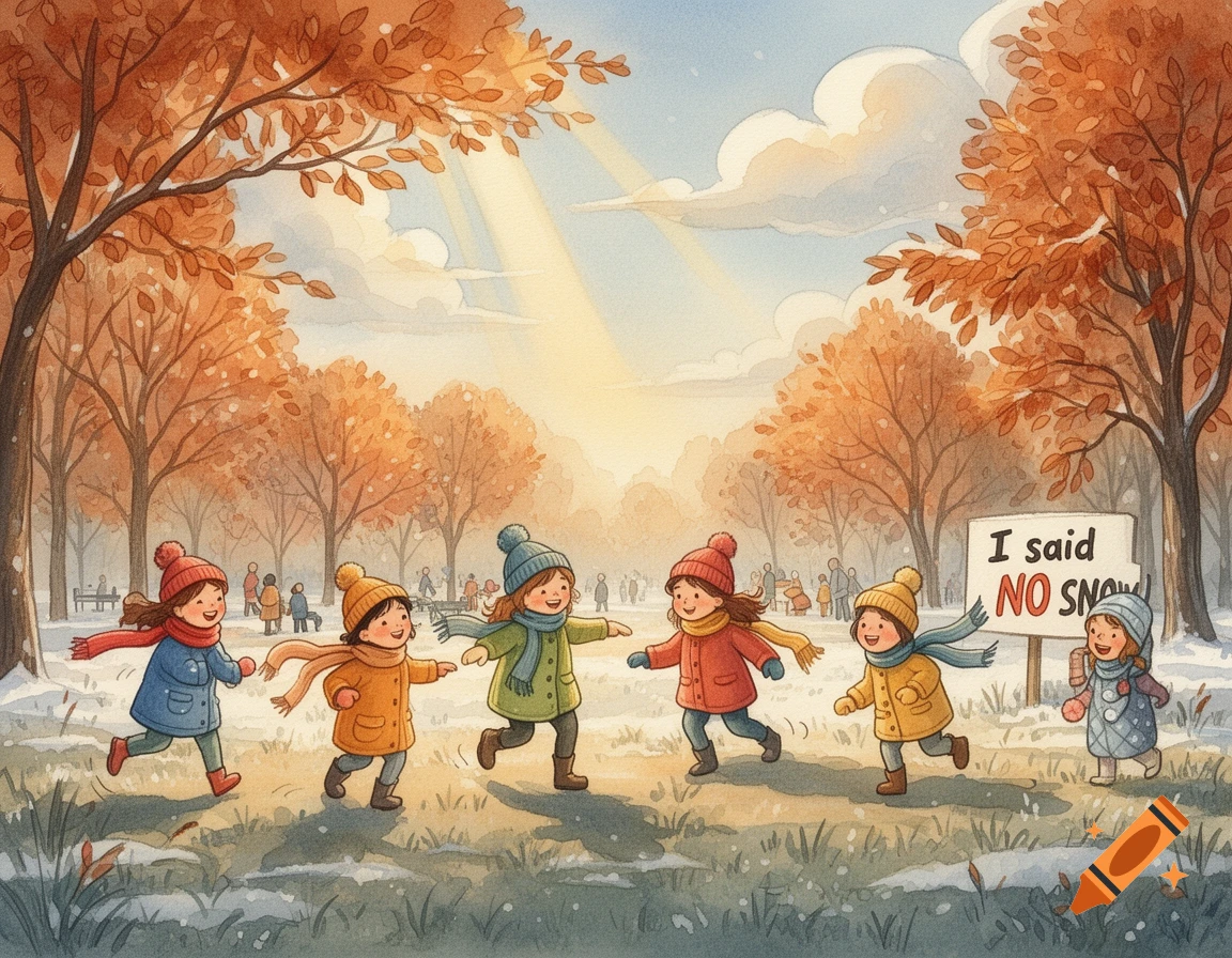 Watercolor of children in winter coats playing in a snowy park with autumn trees, a sign reads 'I said NO SNOW'