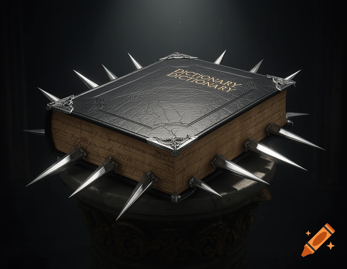 A dark, spiky leather-bound dictionary with ornate metal corners sits dramatically lit on a stone pedestal.