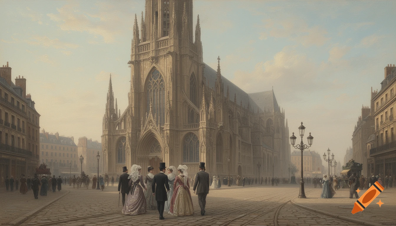 A realism painting of a grand Gothic church in a 19th-century city street, with well-dressed citizens walking away from it.