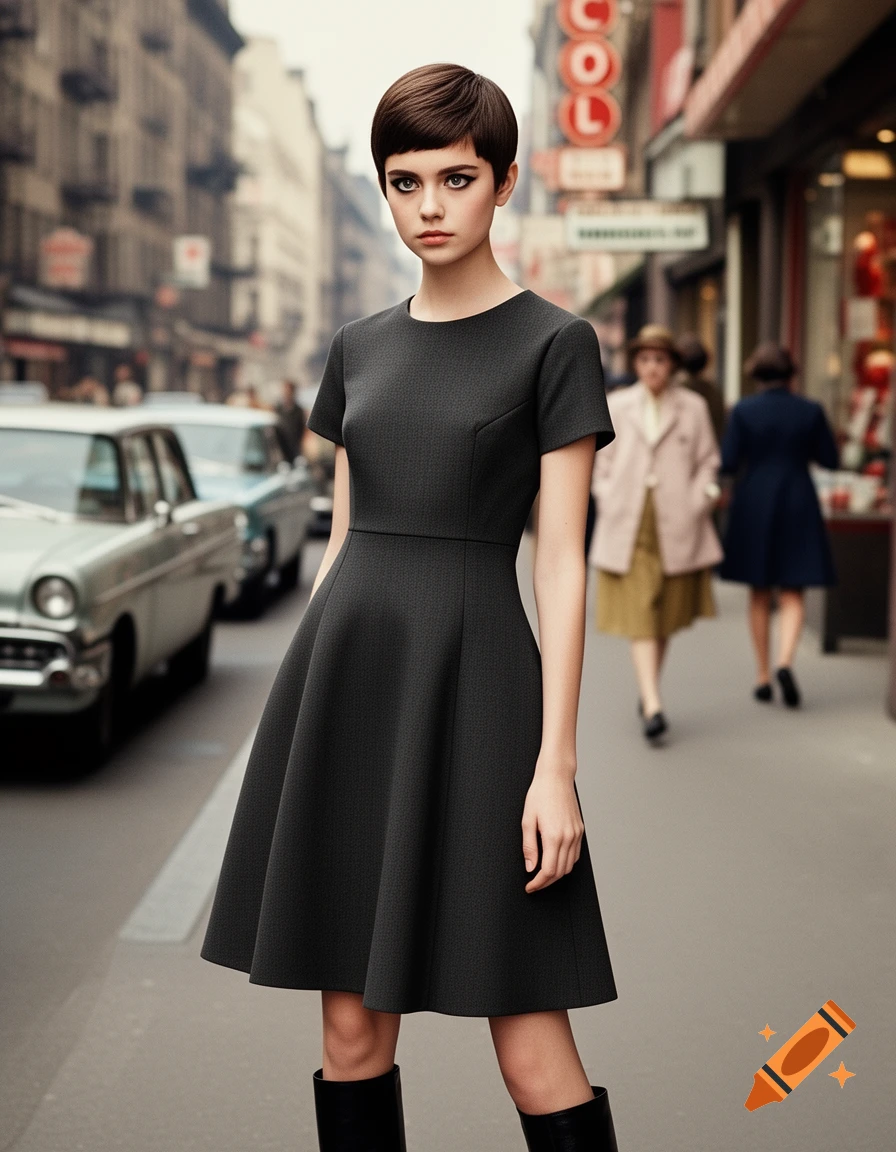 A gamine model with short brown hair in a dark gray A-line dress and black boots stands on a vintage city street.