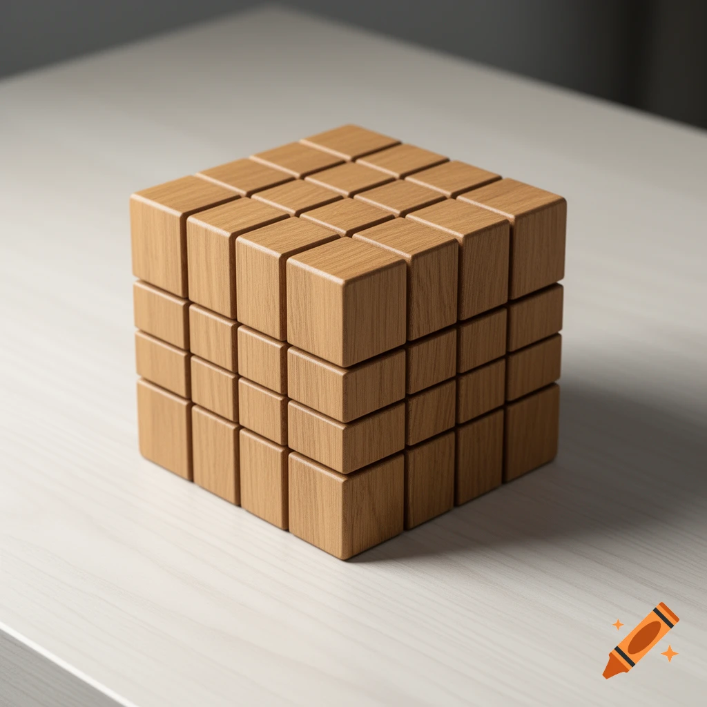 A photorealistic image of a 3x3x3 cube made of light-colored wooden blocks, resting on a light surface.