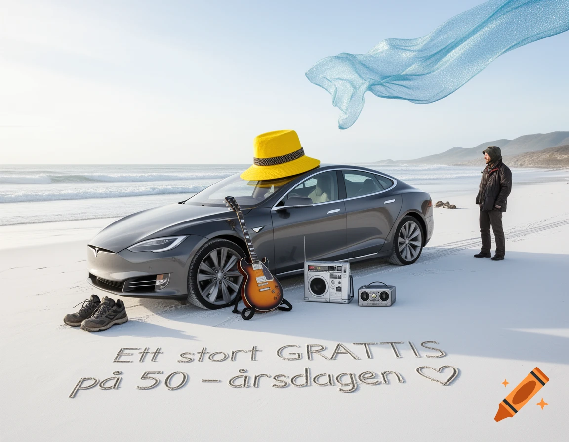 A grey Tesla Model S with a yellow hat and electric guitar on a sandy beach. A man stands beside it, and text is written in the sand.