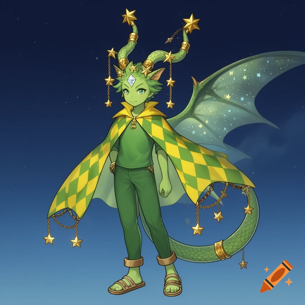 A green anthropomorphic dragon-like character in a green and yellow harlequin cape, adorned with stars, against a starry night sky in anime style.