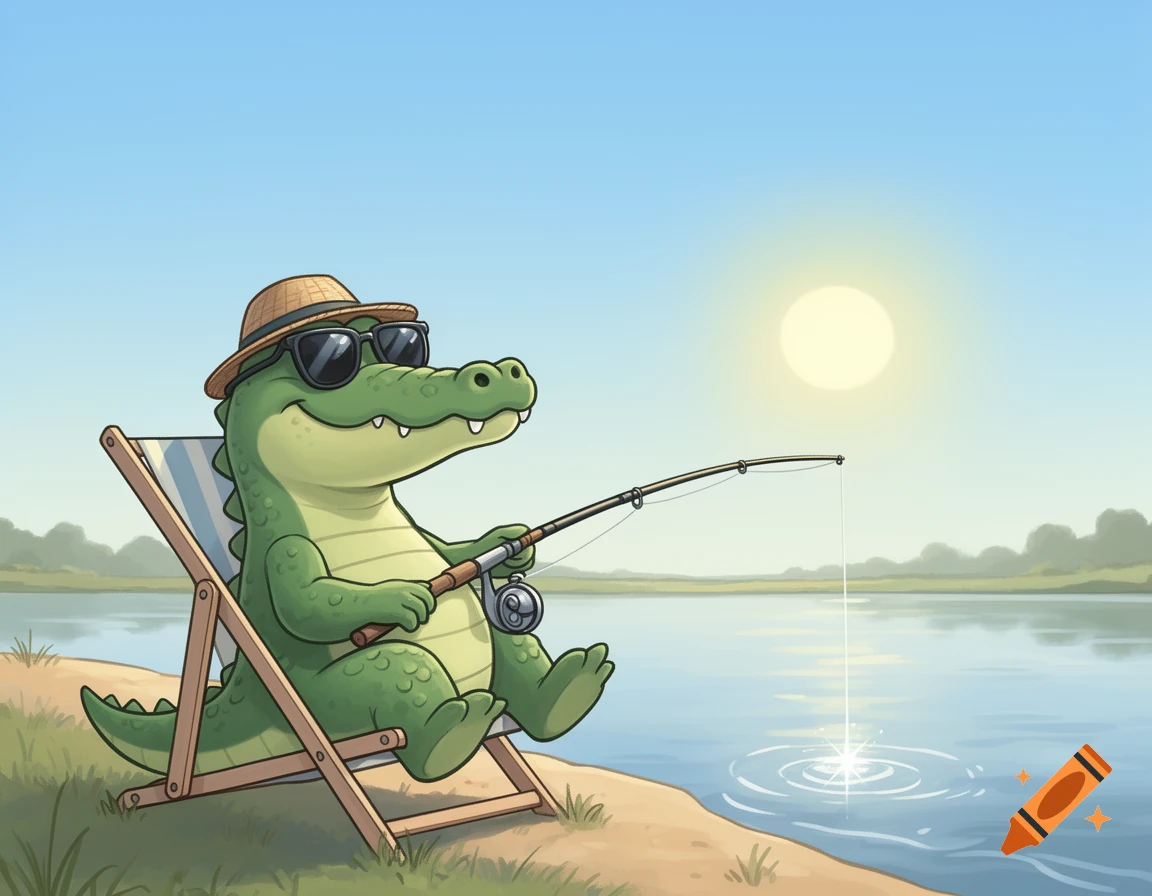 A cute, green cartoon alligator in a straw hat and sunglasses sits in a striped beach chair on a riverbank, fishing under a bright sun.