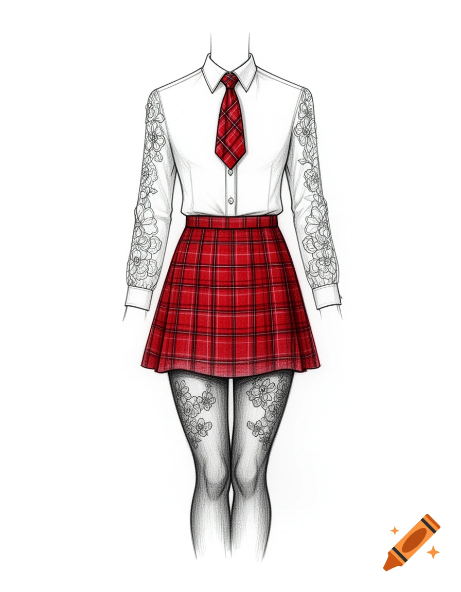 Fashion illustration of a headless figure in a white shirt with floral sleeves, red plaid tie and skirt, and sheer floral tights.