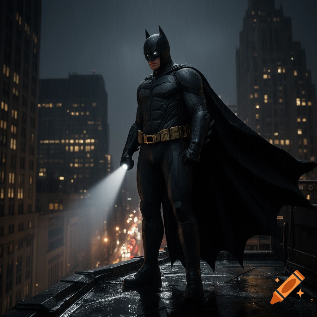 Batman stands on a rainy city rooftop at night, holding a flashlight in a photorealistic style.