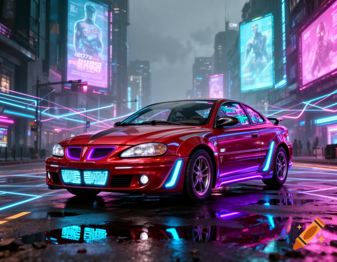 A red Pontiac Grand Am GT, re-imagined in a cyberpunk city street with neon lights and reflections.