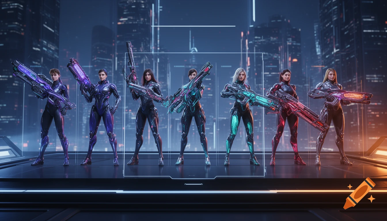 Six female video game avatars in futuristic suits hold glowing sci-fi weapons against a neon-lit city skyline.