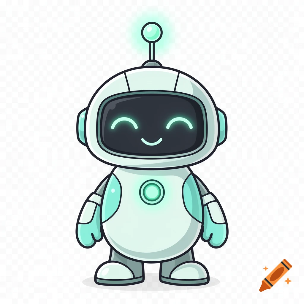 A cute, friendly white and mint-teal cartoon robot mascot with closed, smiling screen eyes and a glowing antenna, in a flat vector style.