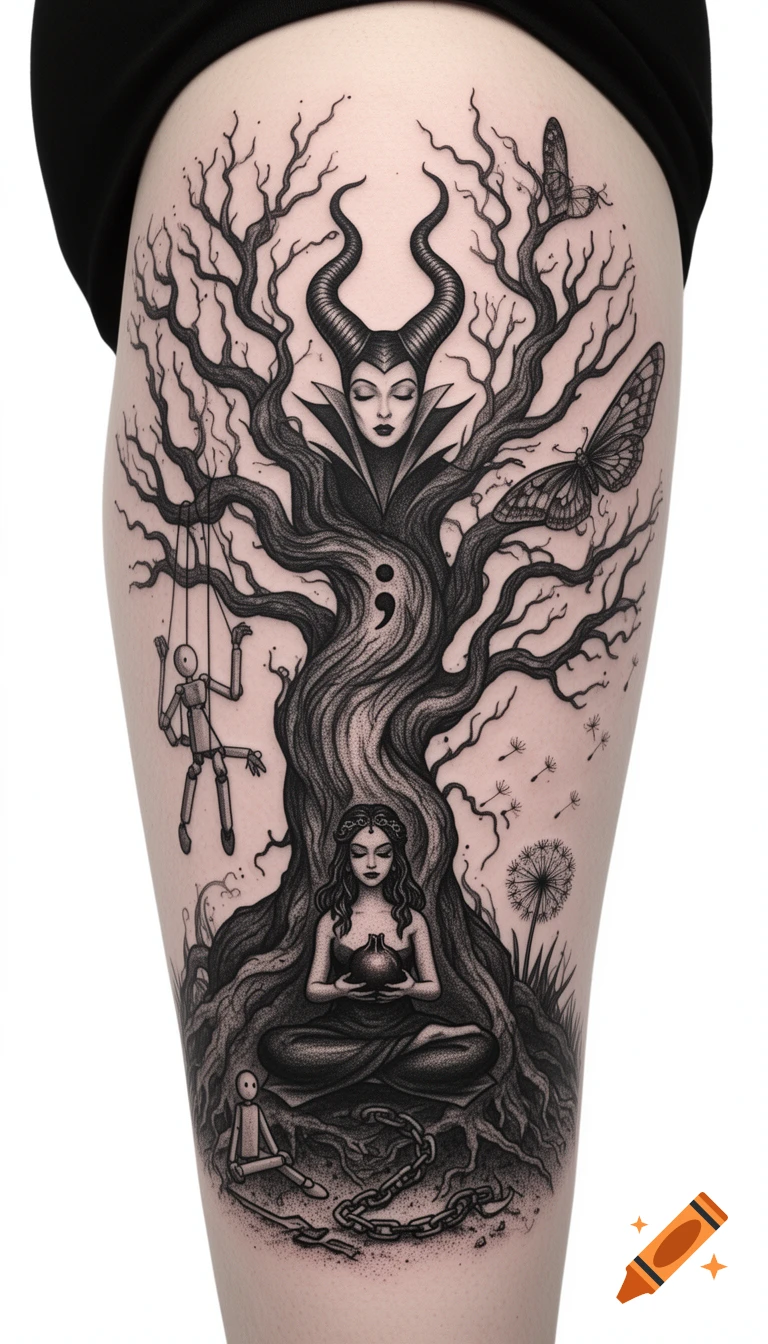 Black ink tattoo on a thigh showing a gnarled tree with Maleficent, a meditating woman, a puppet, butterflies, and a semicolon carved in the bark.