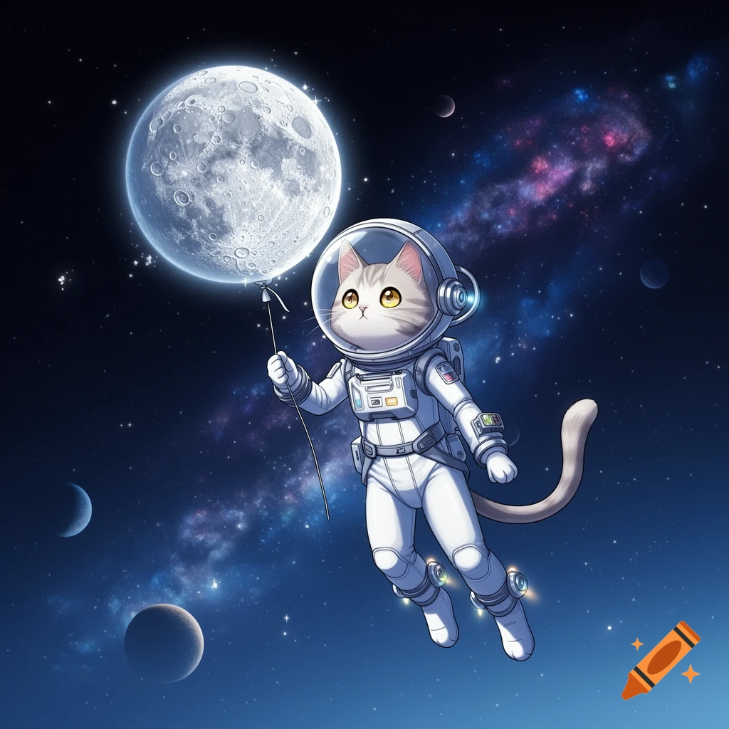 A cute anime-style cat astronaut floats in deep space, holding the moon like a balloon, with nebulae and planets.