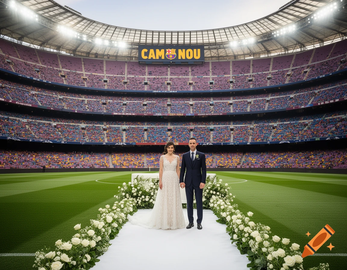 Photorealistic image of a wedding couple standing on a white carpet on a football field inside a large stadium, with 'CAM NOU' on the scoreboard.
