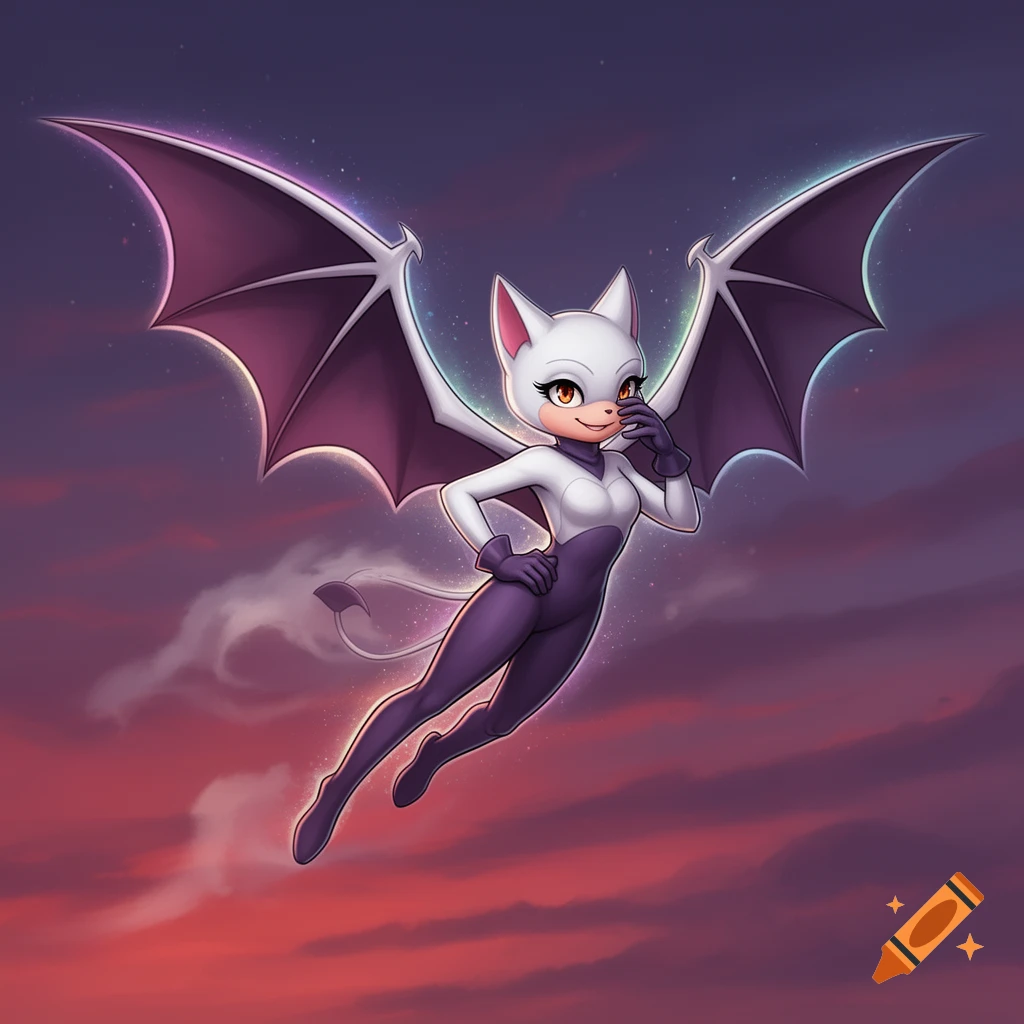 Rouge the Bat, a white bat character with large purple wings, flies through a colorful sunset sky with one hand on her hip and the other hiding a smirk on her face.