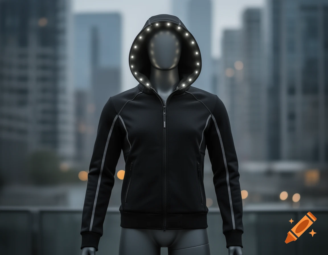 A black zippered hoodie with LED lights lining the hood is displayed on a mannequin, set against a blurred city background.