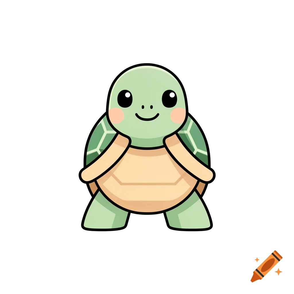 A cute, smiling cartoon turtle with a green head and flippers, a light green shell with dark green patterns, and a tan belly, on a white background.
