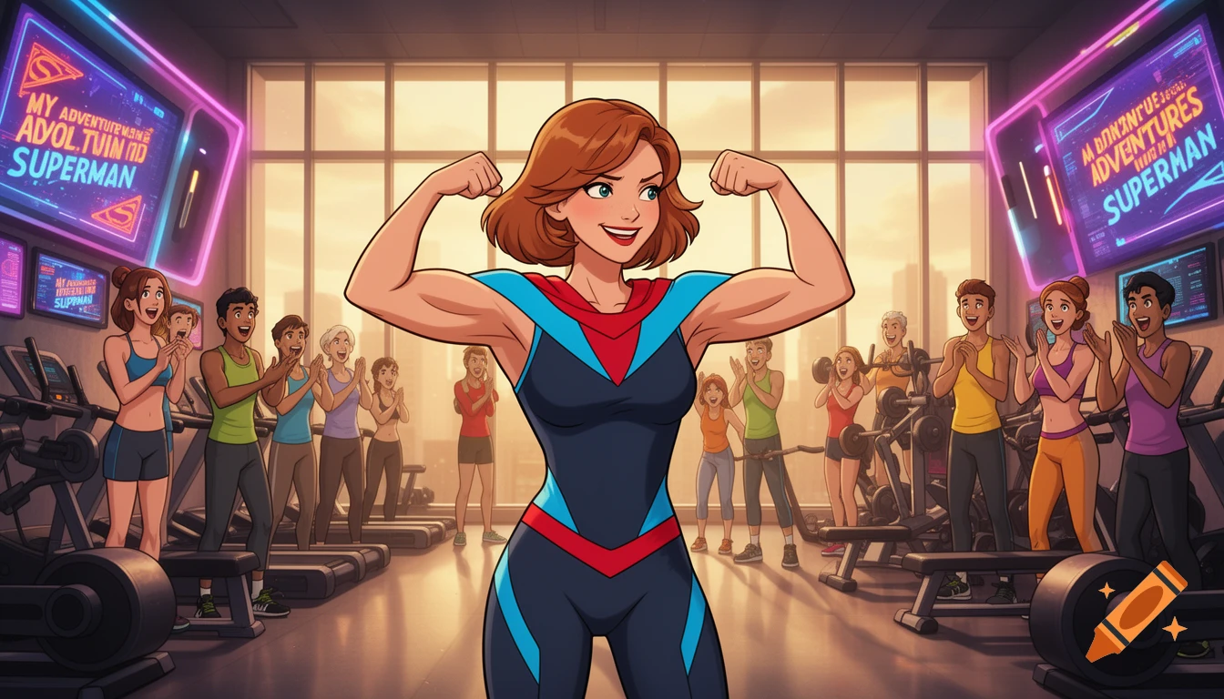 A cartoon woman with short brown hair, wearing a blue and red athletic suit, flexes her muscular arms in a gym while a diverse group of people clap for her.