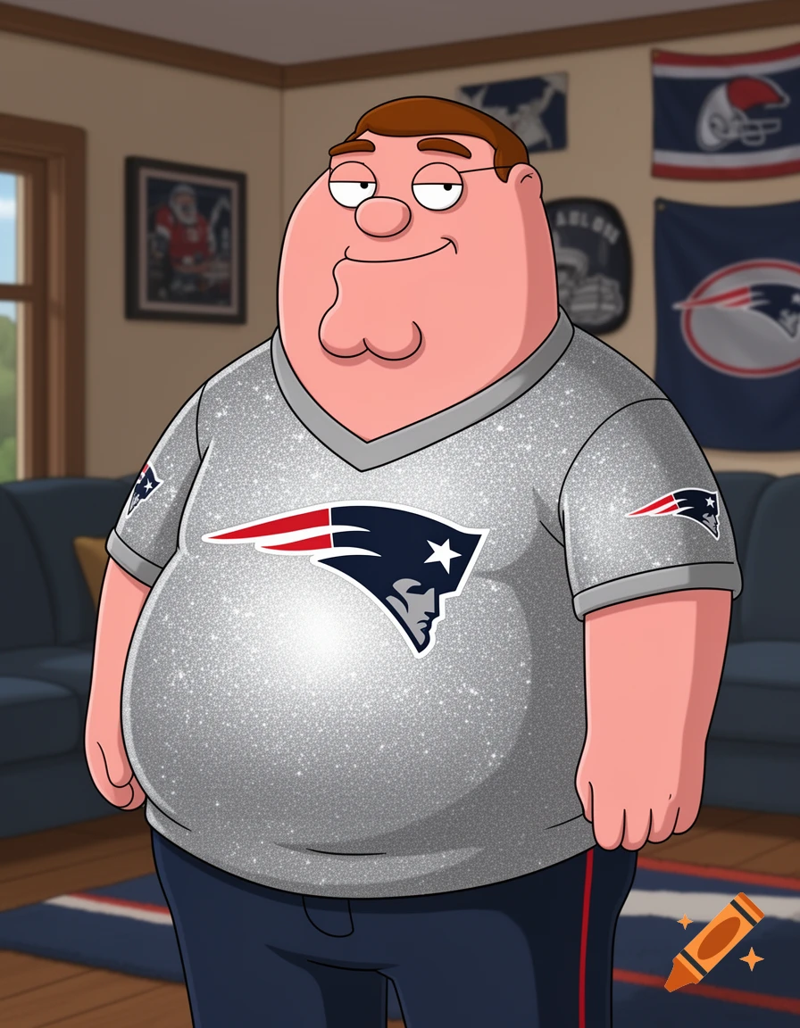 Peter Griffin from Family Guy smiles, wearing a glittery silver New England Patriots jersey, in a room with team flags.