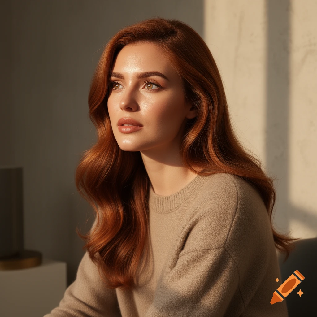 Photorealistic portrait of a woman with long wavy red hair, illuminated by warm sunlight streaming through a window.