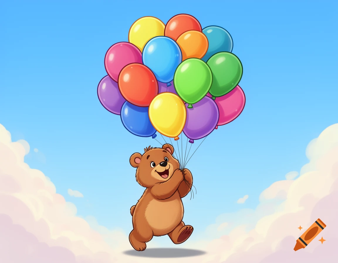 A cute cartoon bear holds a large bunch of colorful balloons, floating in a blue sky with white clouds.