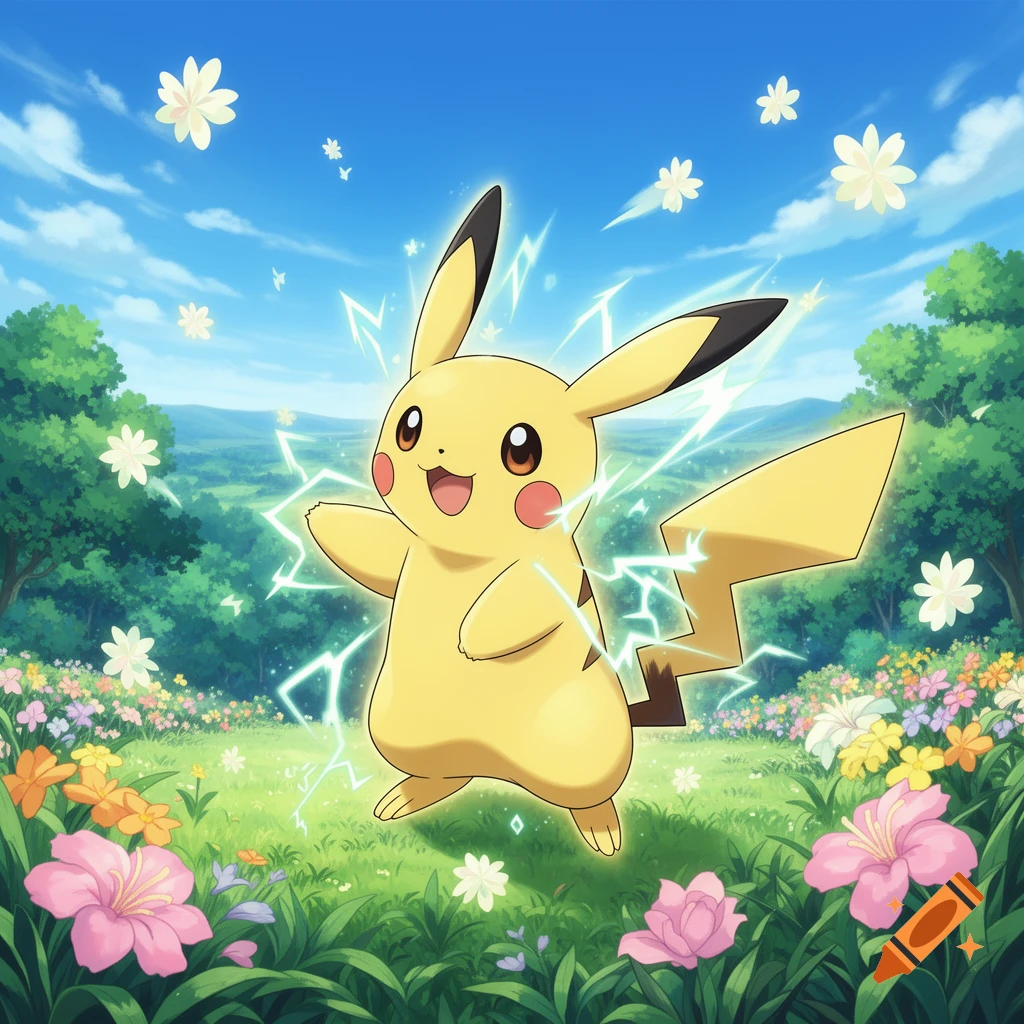 Pikachu stands in a vibrant green field full of colorful flowers under a blue sky, emitting electricity.