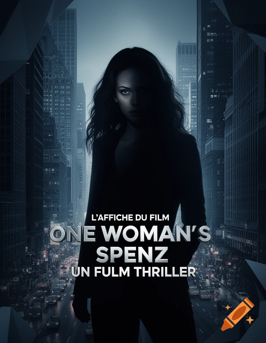A dark movie poster features a silhouetted woman against a backdrop of a city skyline at dusk, with the title "ONE WOMAN'S SPENZ UN FULM THRILLER" prominently displayed.