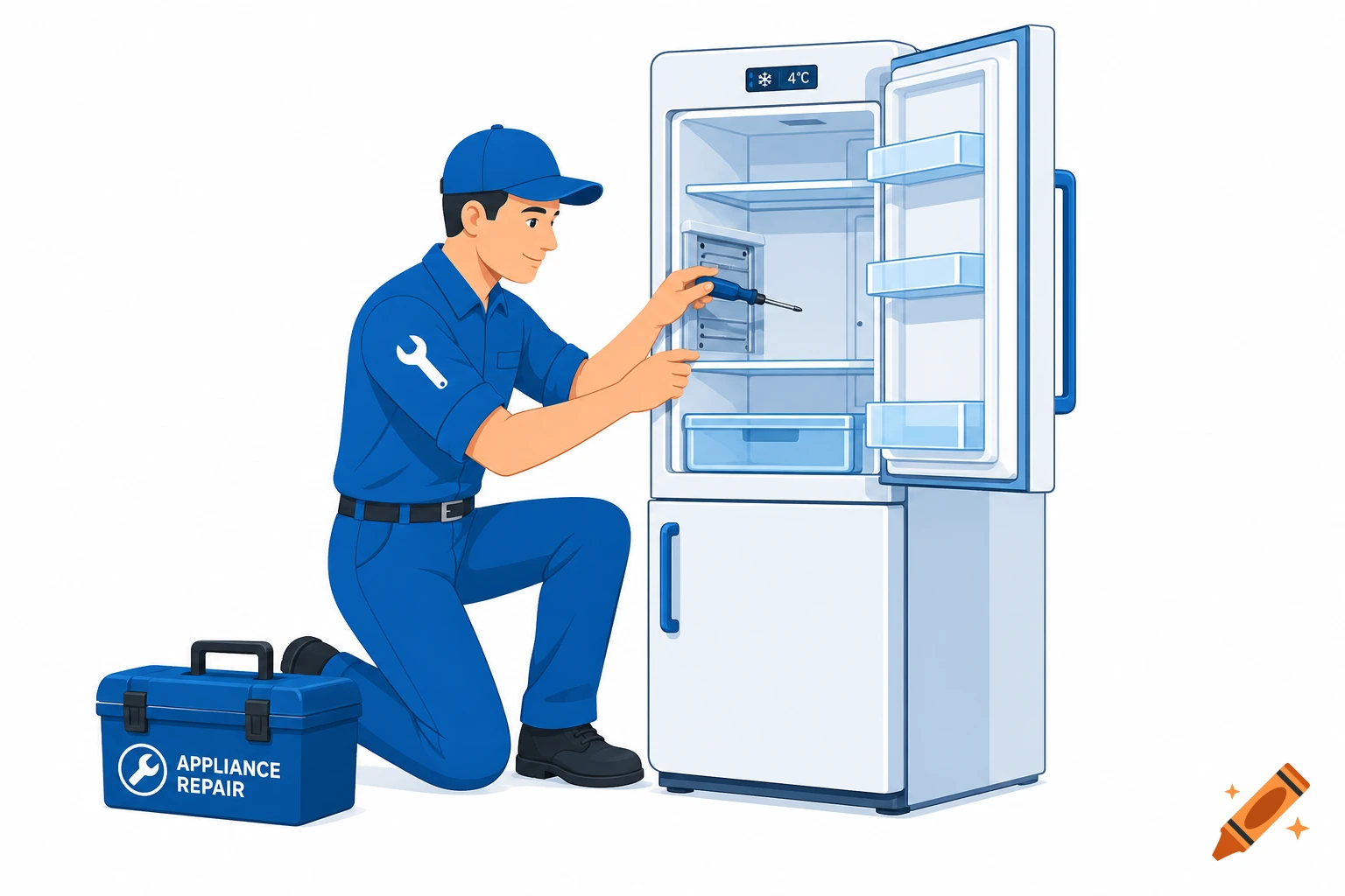 A technician in blue uniform kneels, repairing an open white refrigerator with a screwdriver, next to a blue toolbox. Simple vector art.