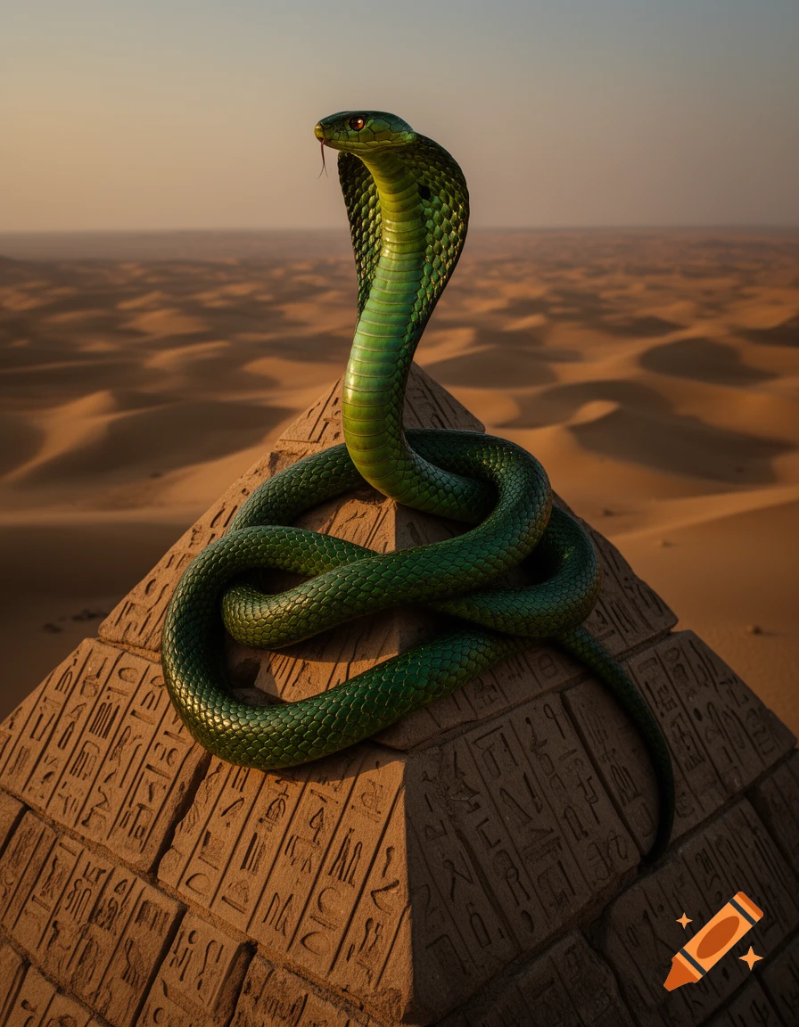 A vibrant green cobra with its hood spread sits coiled on top of a stone pyramid covered in ancient hieroglyphs, set against a vast desert backdrop.