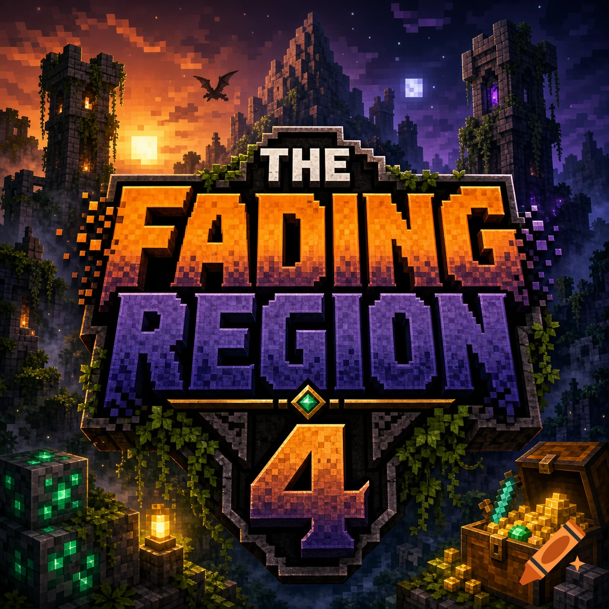A pixel art logo for "The Fading Region 4" with a Minecraft-style fantasy landscape featuring castles, a dragon, sunset/moon, and treasure.