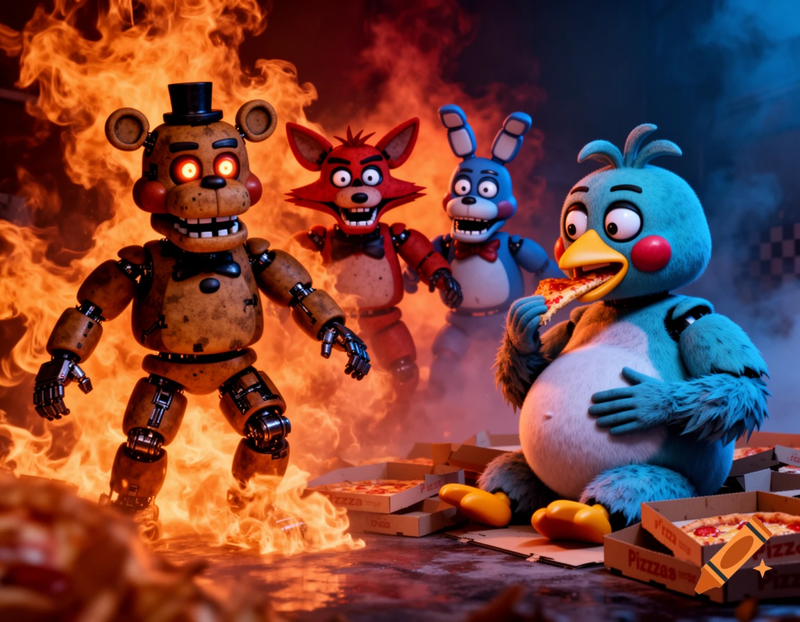 Four animatronic characters from Five Nights at Freddy's. A brown bear and red fox stand amidst fire, while a blue bunny and a pregnant blue chicken eat pizza in the foreground.