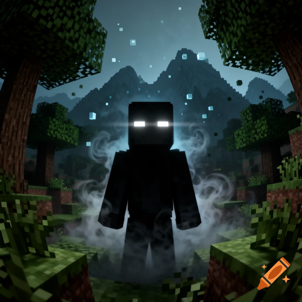 A dark, blocky Herobrine figure with glowing white eyes stands in a misty Minecraft forest with floating blue cubes and mountains.