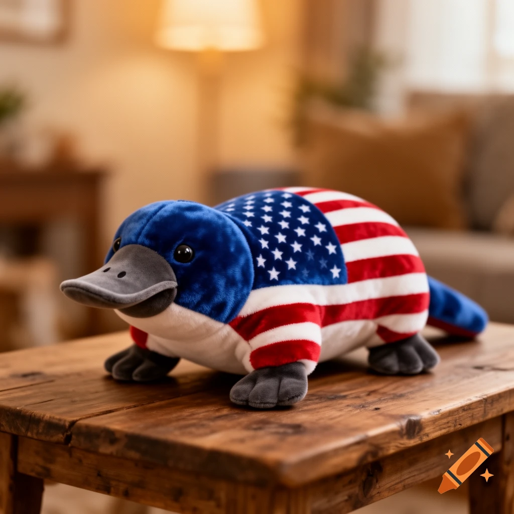 A photorealistic plush toy platypus, patterned like the American flag, sits on a rustic wooden table.