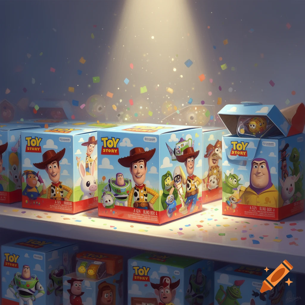Several 'Toy Story' blind boxes featuring Woody, Buzz Lightyear, and other characters, displayed on a shelf with confetti falling around them.