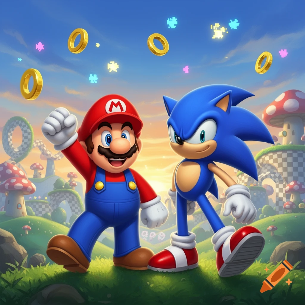 Mario and Sonic stand together in a vibrant, cartoonish game world with floating gold rings and pixel stars.