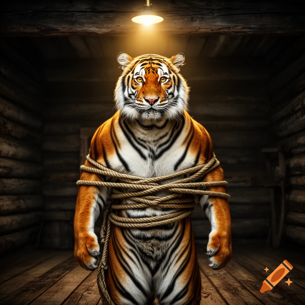 A powerful anthropomorphic tiger, bound tightly with thick ropes, stands in a dimly lit wooden room under a single bright light.
