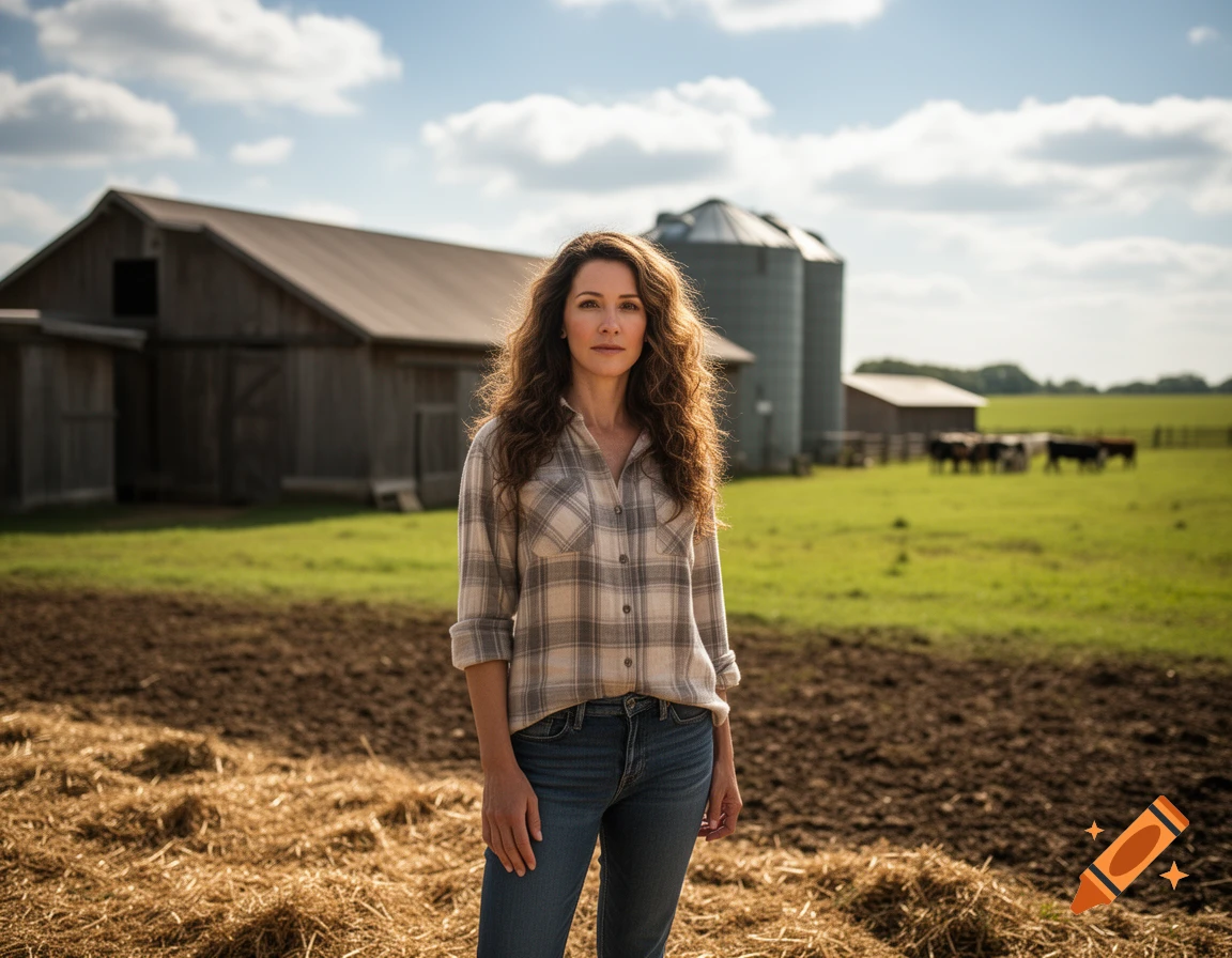 A woman with long brown hair stands in a plowed field on a farm, wearing a plaid shirt and jeans. Barns, silos, and cattle are in the background.