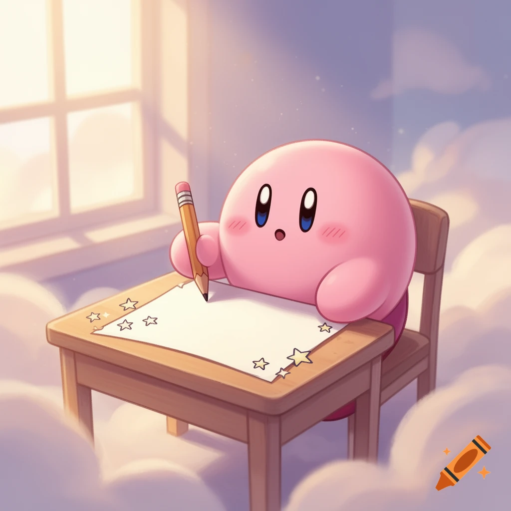 Kirby sits at a wooden desk, holding a pencil and drawing stars on a white piece of paper. The background shows a window with soft light and clouds outside, in a cute cartoon style.