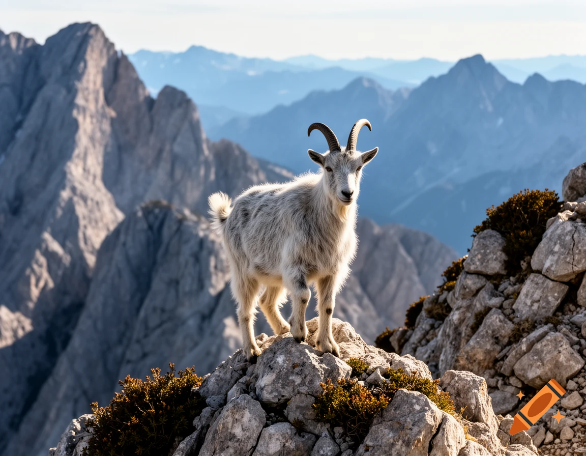 A white goat with horns stands on a rocky mountain peak with other mountains in the background under a clear sky.