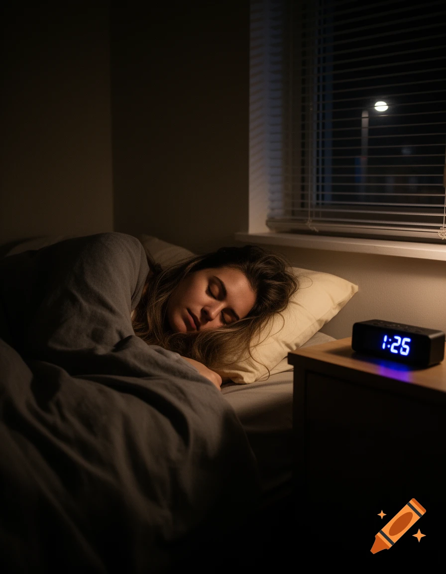 A woman sleeps soundly in a dimly lit bedroom at night, with a digital alarm clock showing 1:25 on a nightstand.