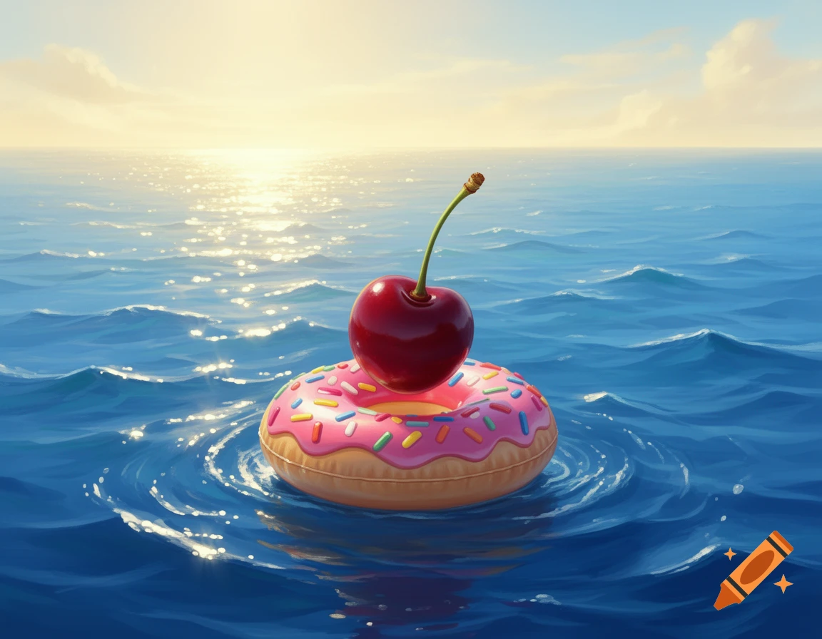A large red cherry rests on a pink donut-shaped pool float, adrift on a sparkling blue ocean under a sunny sky. Stylized illustration.