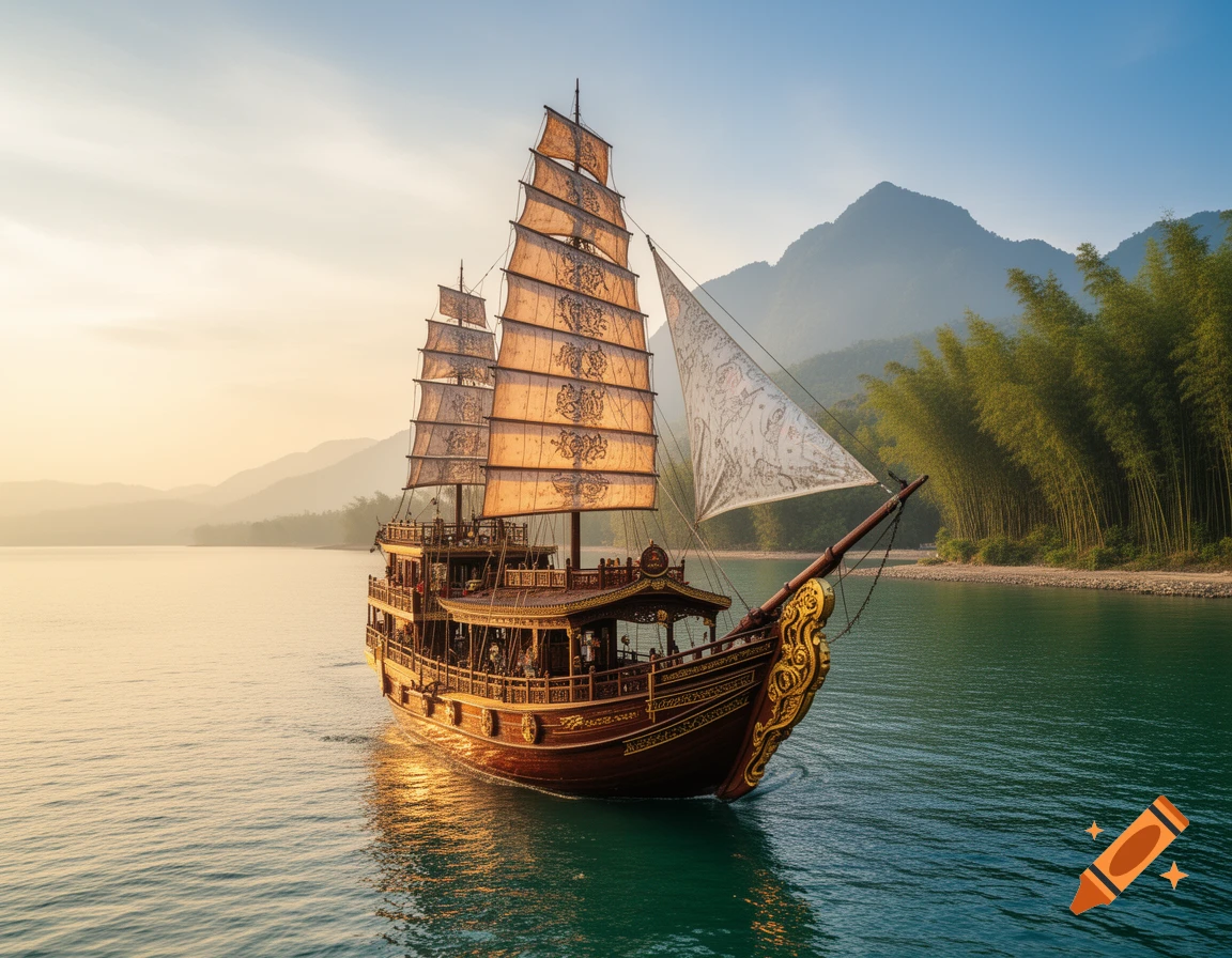 A traditional Chinese junk sailing on calm water with mountains and a bamboo forest in the background at sunset.