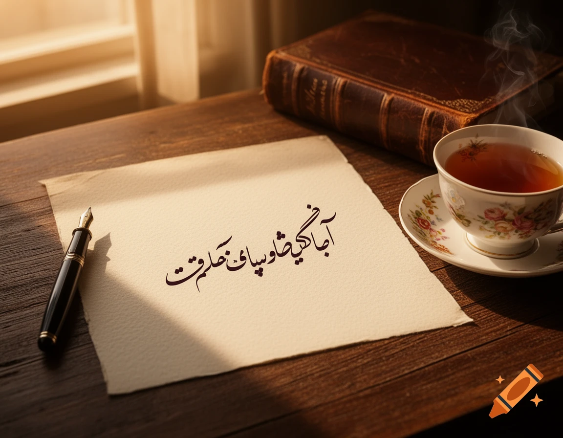 A fountain pen, a paper with Persian calligraphy, a steaming teacup, and a leather-bound book on a sunlit wooden desk.